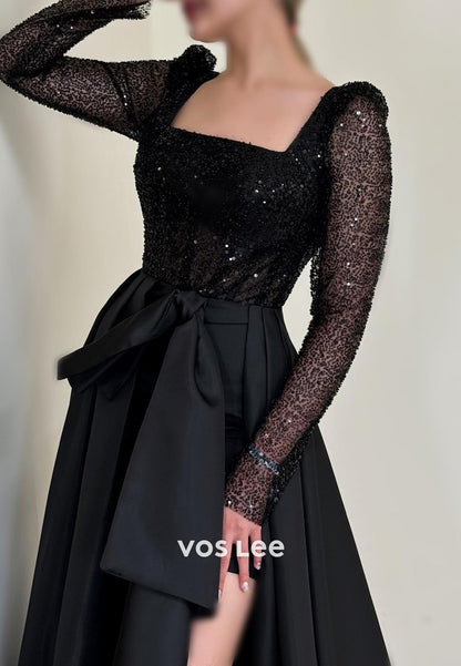 Chic & Modern High Low Long Sleeve Square Sequined Evening Dresses with Court Train