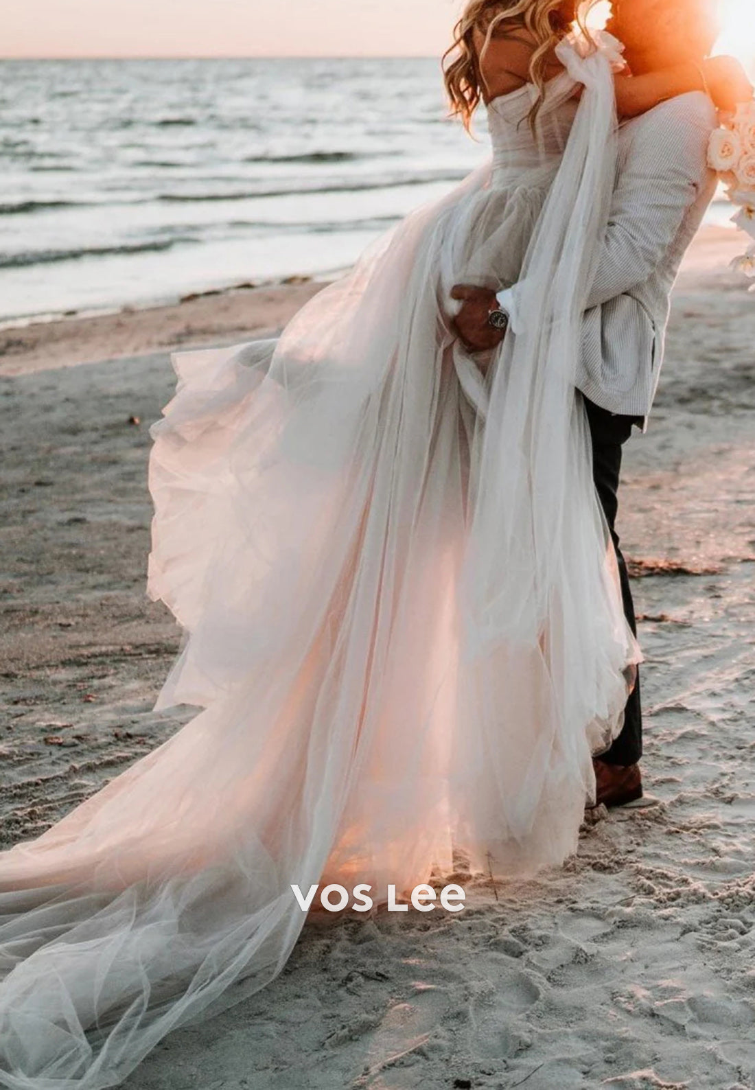 A-Line Off the Shoulder Bowknot Sweetheart Pleated Beach Wedding Dresses with High Split