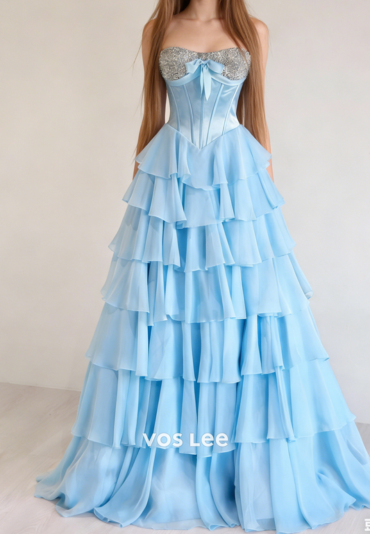 Luxury Blue Sweetheart A-Line Prom Gowns Long With Layered Tierred