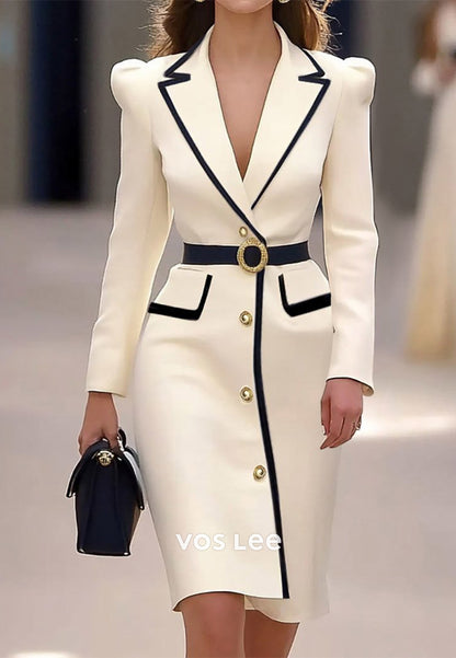 Classic & Timeless Long Sleeve V Neck Pleated Knee-Length Sheath Wedding Guest Dresses