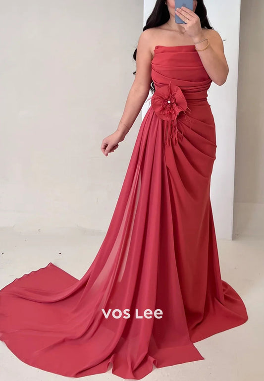 Classic Strapless Flowers Embellished Pleated Mermaid Evening Dresses with Sweep Train