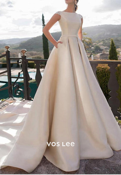 Classic & Simple A-Line Cap Sleeves Appliques Lace Wedding Dresses with Pockets