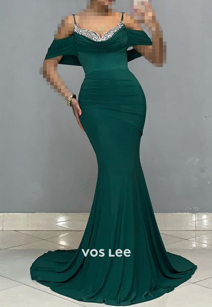 Off the Shoulder Spaghetti Straps Rhinestone Mermaid Evening Dresses with Sweep Train