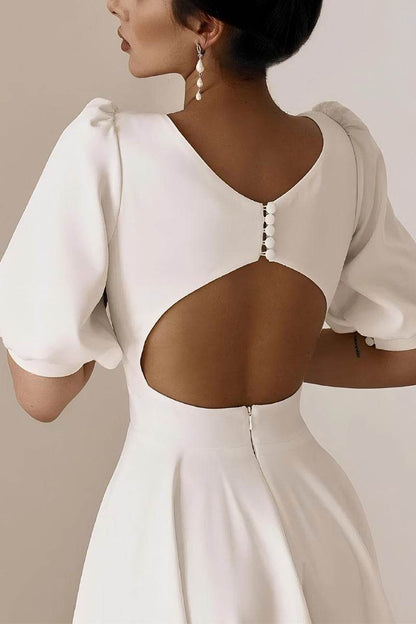 White Satin A-Line Midi Wedding Dress with Puff Sleeves and Open Back
