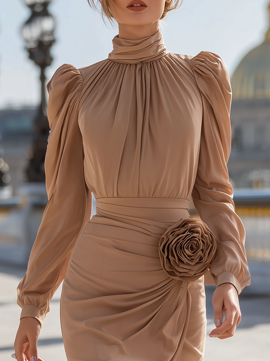 Camel High-Neck Ruched Dress with Floral Waist Detail