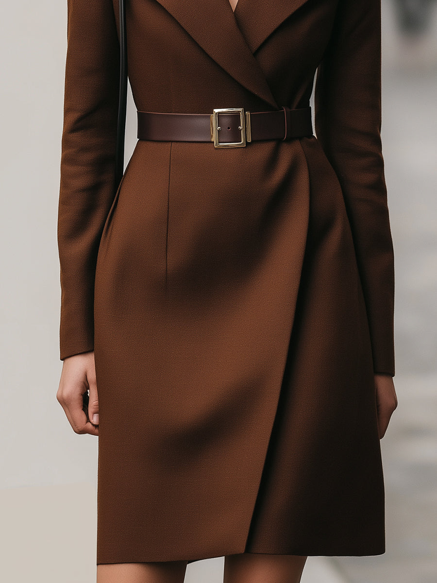 Deep Brown Belted Blazer Dress With Wide Lapel