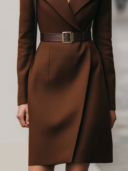 Deep Brown Belted Blazer Dress With Wide Lapel