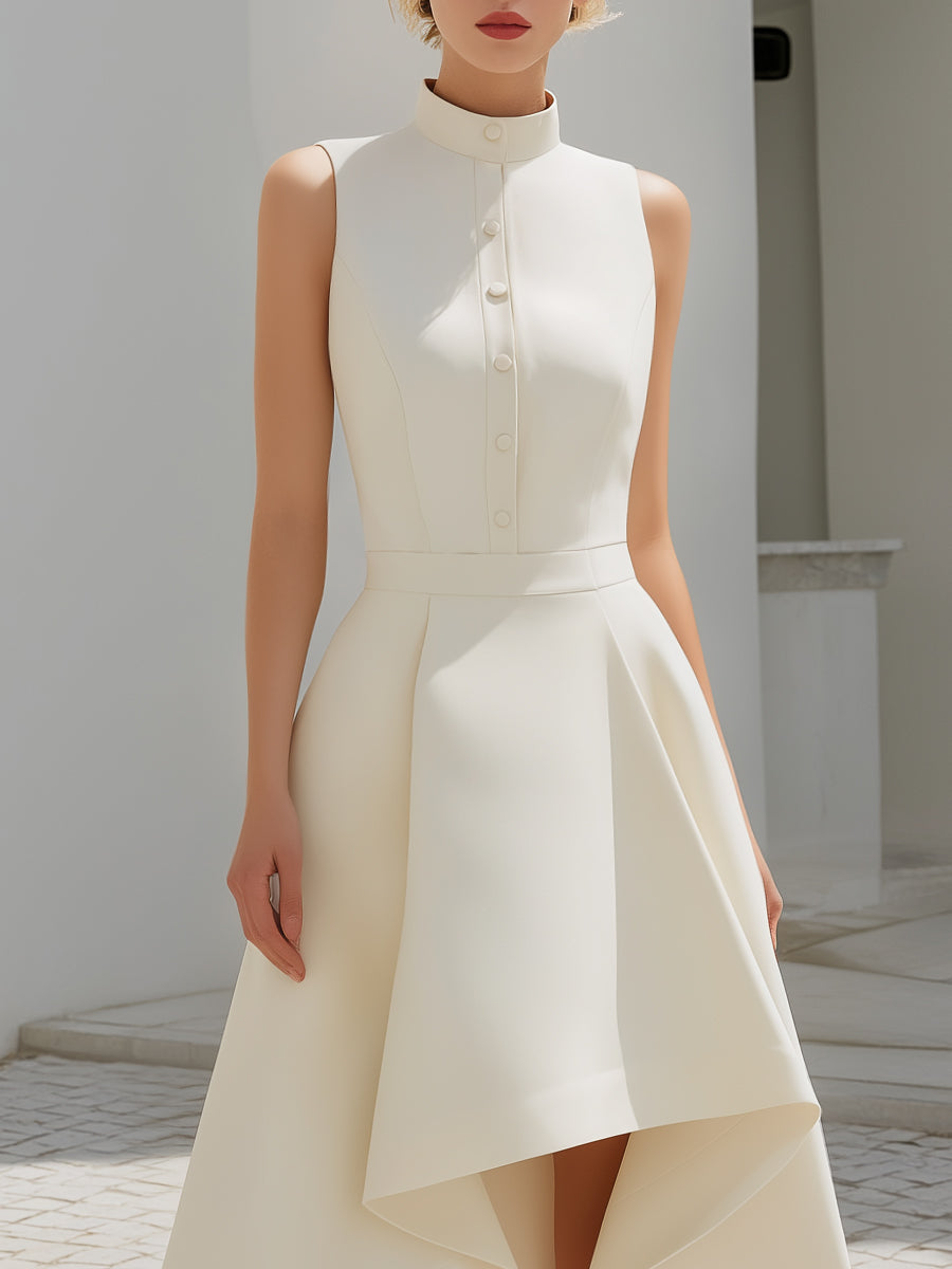 High-Neck Button Front Asymmetric Hem Midi Dress