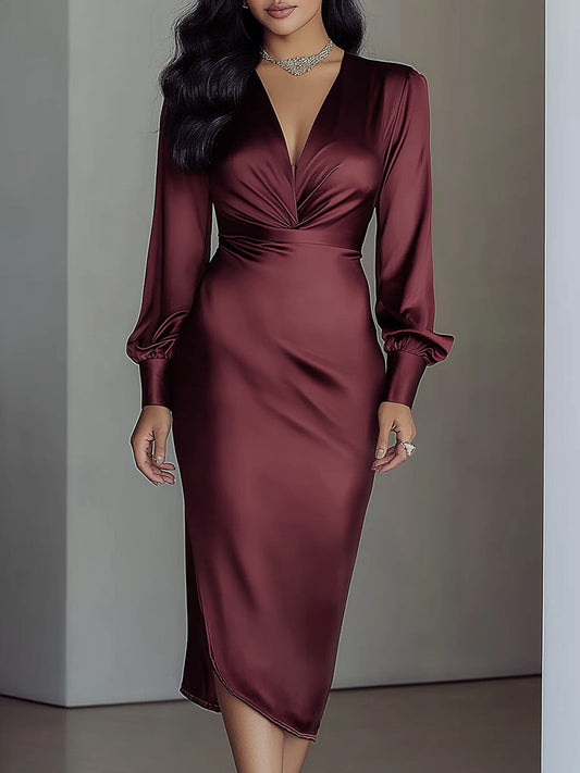 VOS LEE Burgundy Satin Ruched Midi Dress