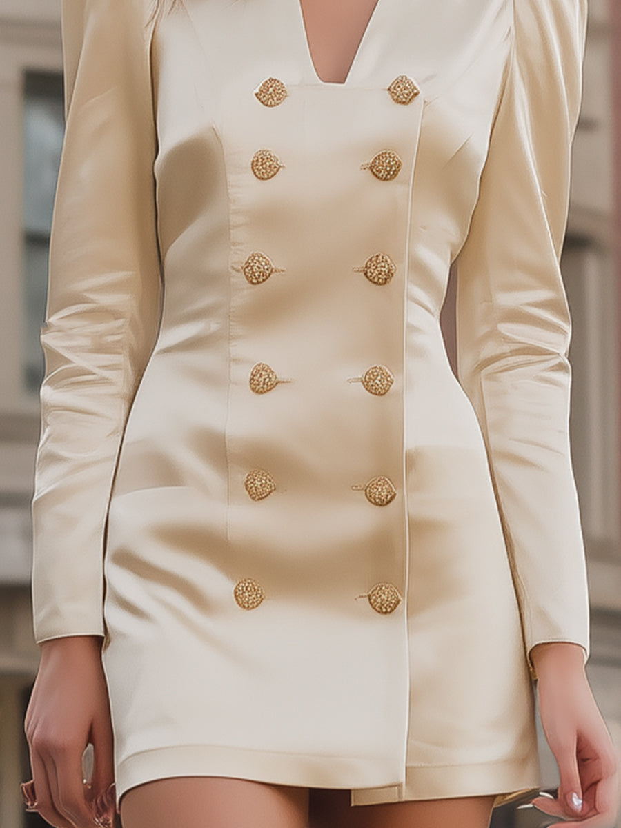 Satin Double-Breasted Blazer Mini Dress With Gold Buttons