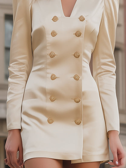 Satin Double-Breasted Blazer Mini Dress With Gold Buttons