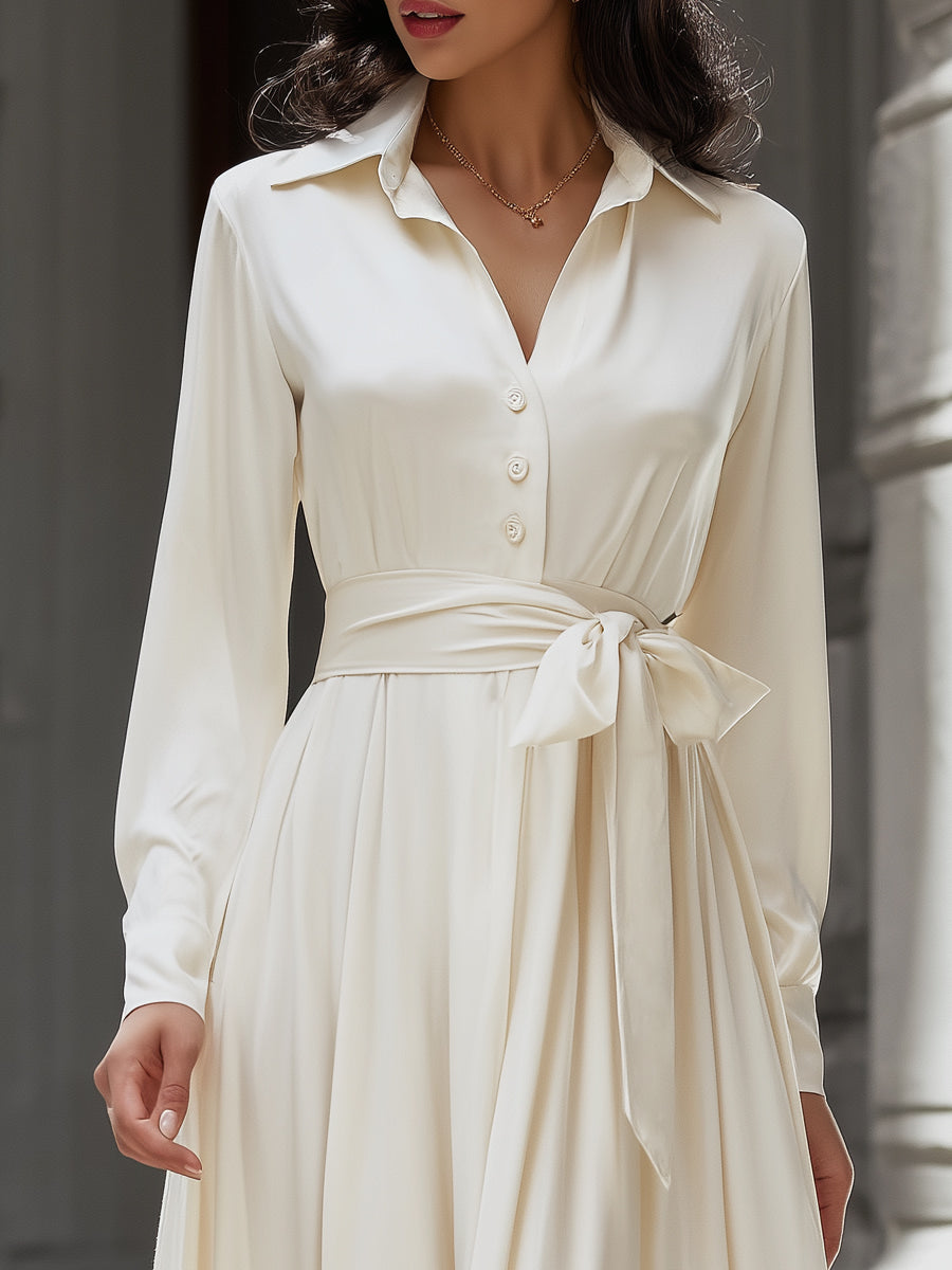 Elegant Satin Belted Midi Shirt Dress
