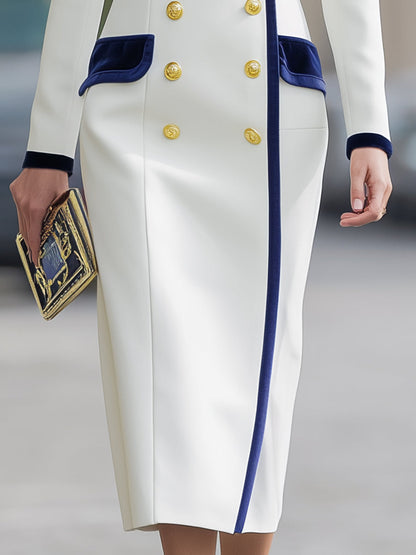 White & Navy Contrast Double-Breasted Dress