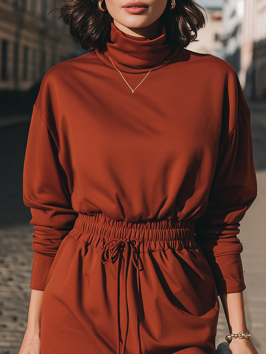Chic Rust Turtleneck Smocked - Waist Dress
