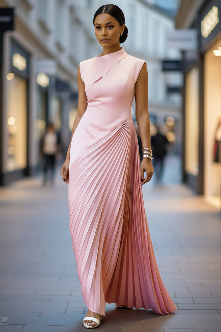High Waisted Sleeveless Asymmetric Pleated Solid Color Mock Neck Maxi Dresses