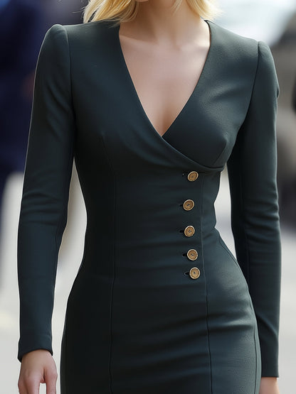 Structured V-Neck Buttoned Wrap Pencil Dress