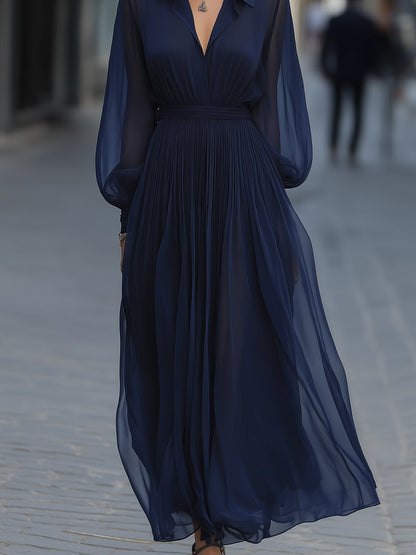 Navy Chiffon Maxi Dress With Pleated Skirt