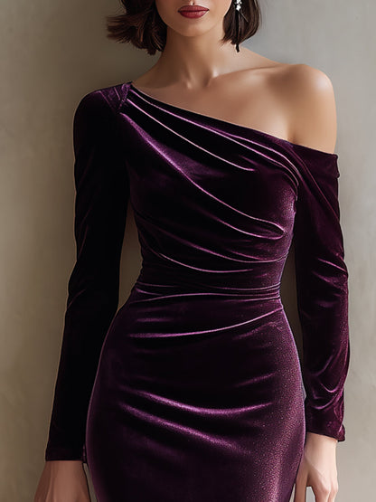 Burgundy One-Shoulder Velvet Midi Dress