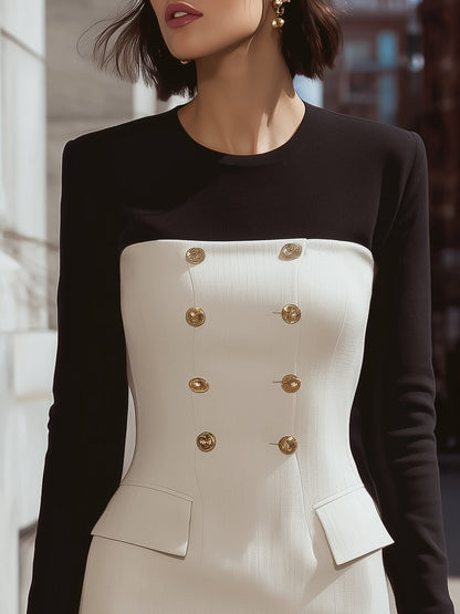 Fake Two-piece Round Neck Two-Tone Buttoned Dress