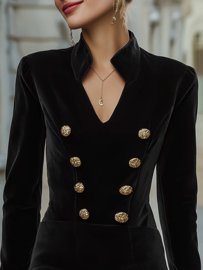 V-shaped Neckline Velvet Double-Breasted Mini Dress