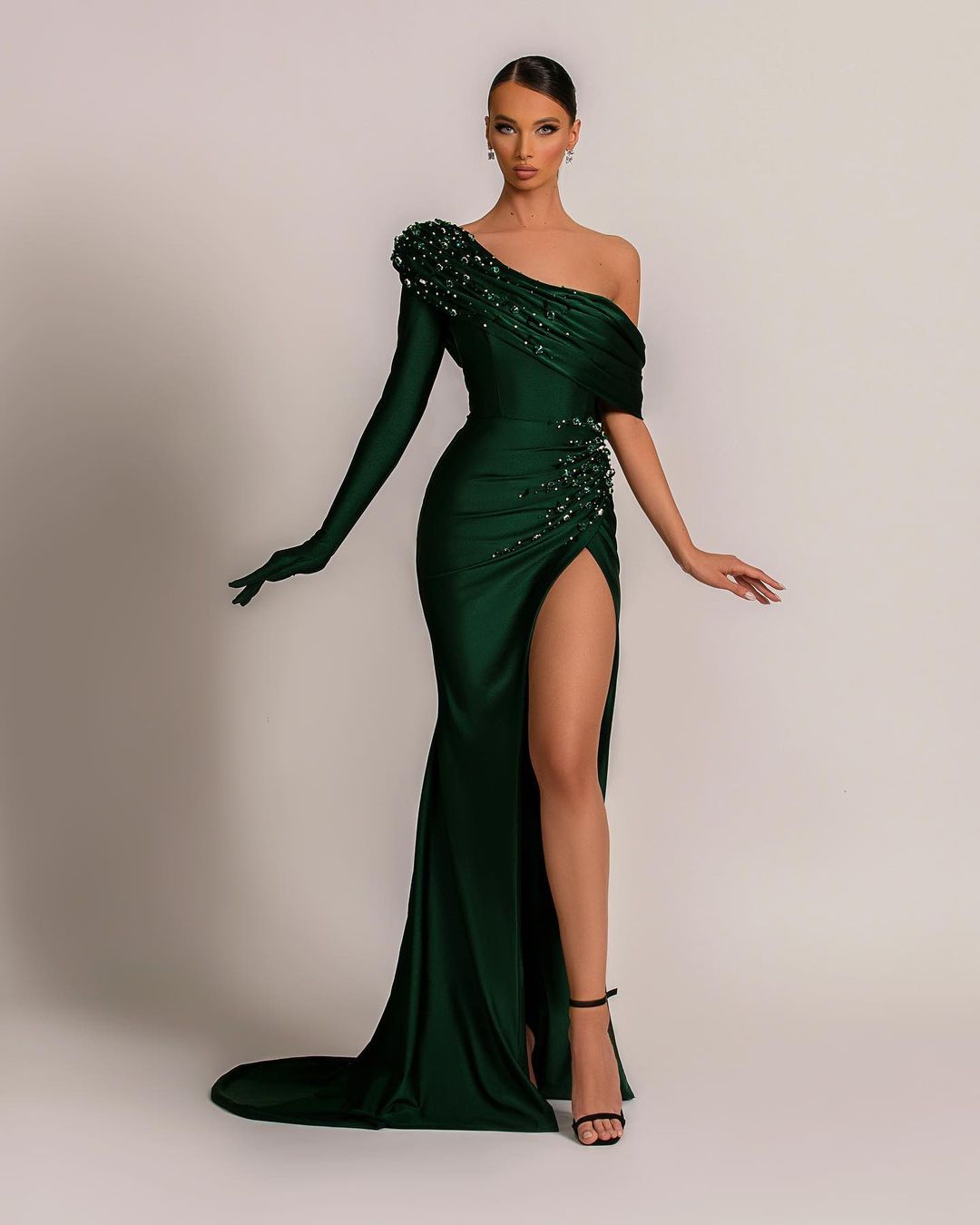 Emerald Green Evening Dress One Shoulder With Pearl Split Pleated