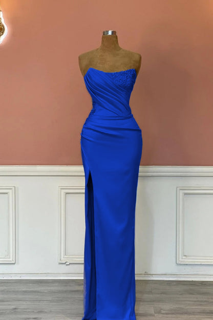 Satin Strapless Sleeveless Long Pleated Mermaid Prom Dress With Rhinstone And High Split