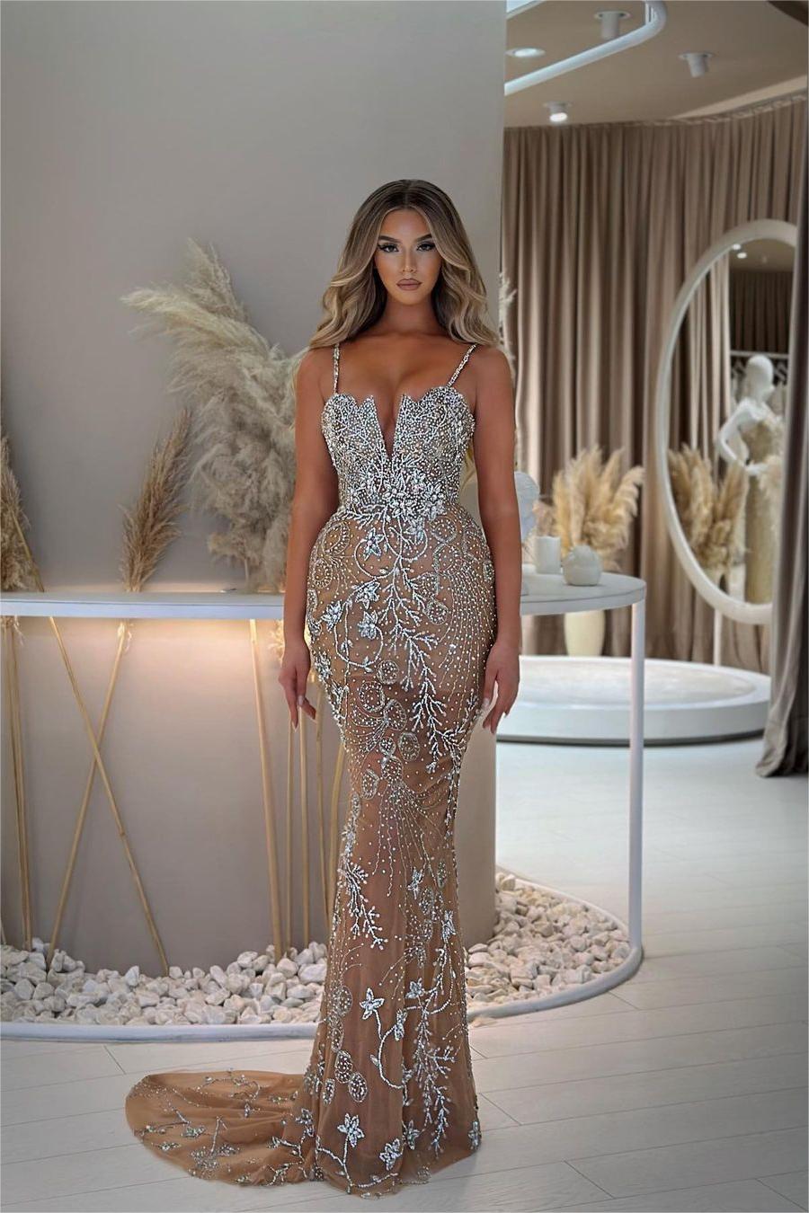 VOS LEE Exquisite Spaghetti Strap Sleeveless Mermaid Beaded Long Evening Dress With Embroidery