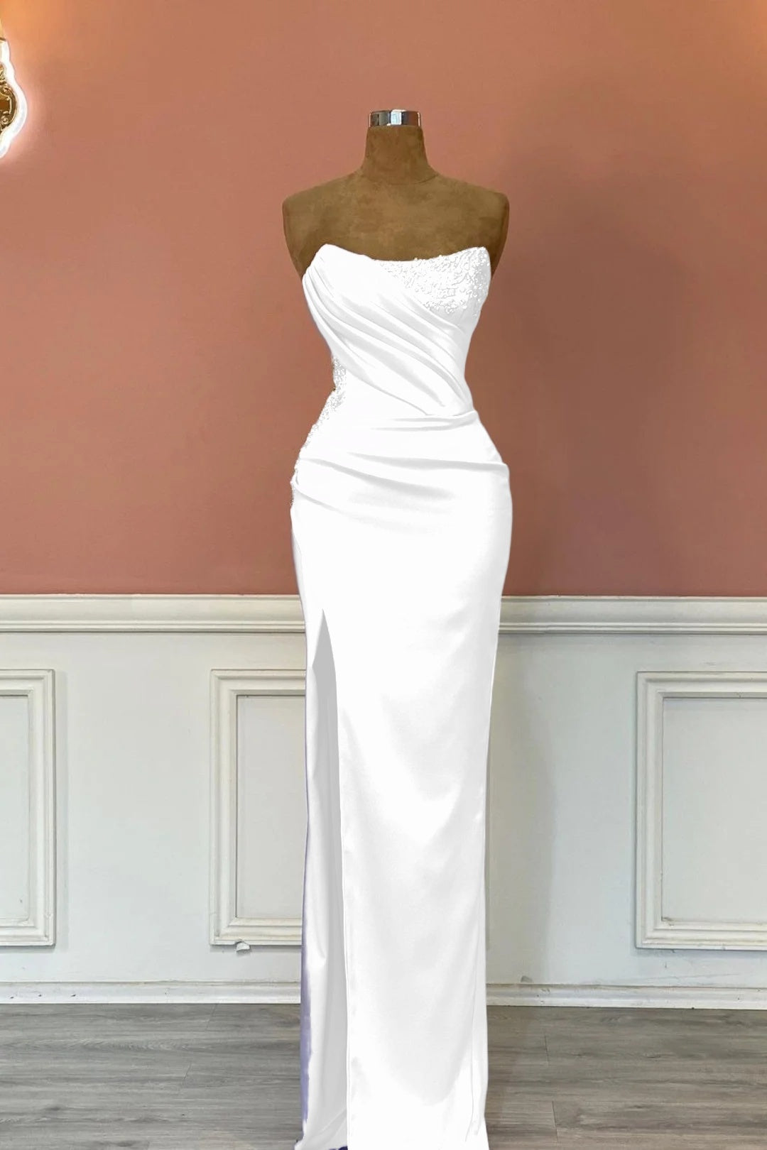 Satin Strapless Sleeveless Long Pleated Mermaid Prom Dress With Rhinstone And High Split