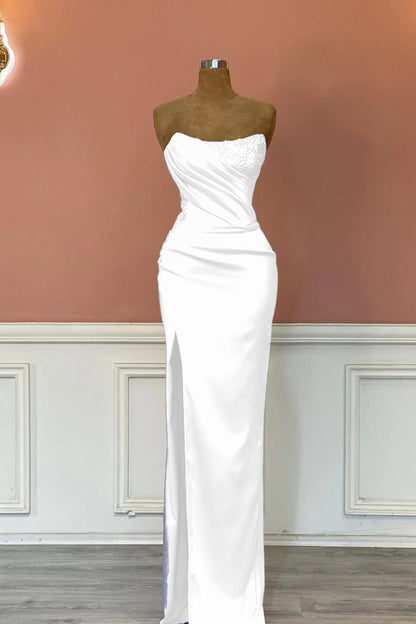 Satin Strapless Sleeveless Long Pleated Mermaid Prom Dress With Rhinstone And High Split