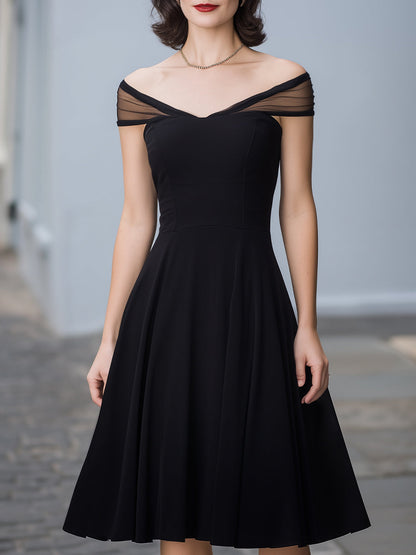 Off-Shoulder Mesh Trim A-Line Midi Dress