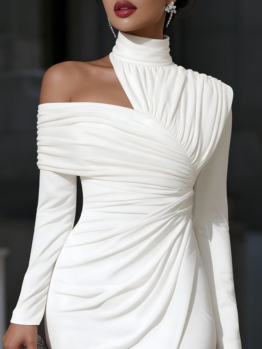Asymmetric Draped High-Neck One-Shoulder Evening Dress – VOS LEE