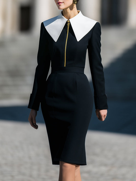 Black Midi Dress With Oversized Contrast Collar And Gold Zip