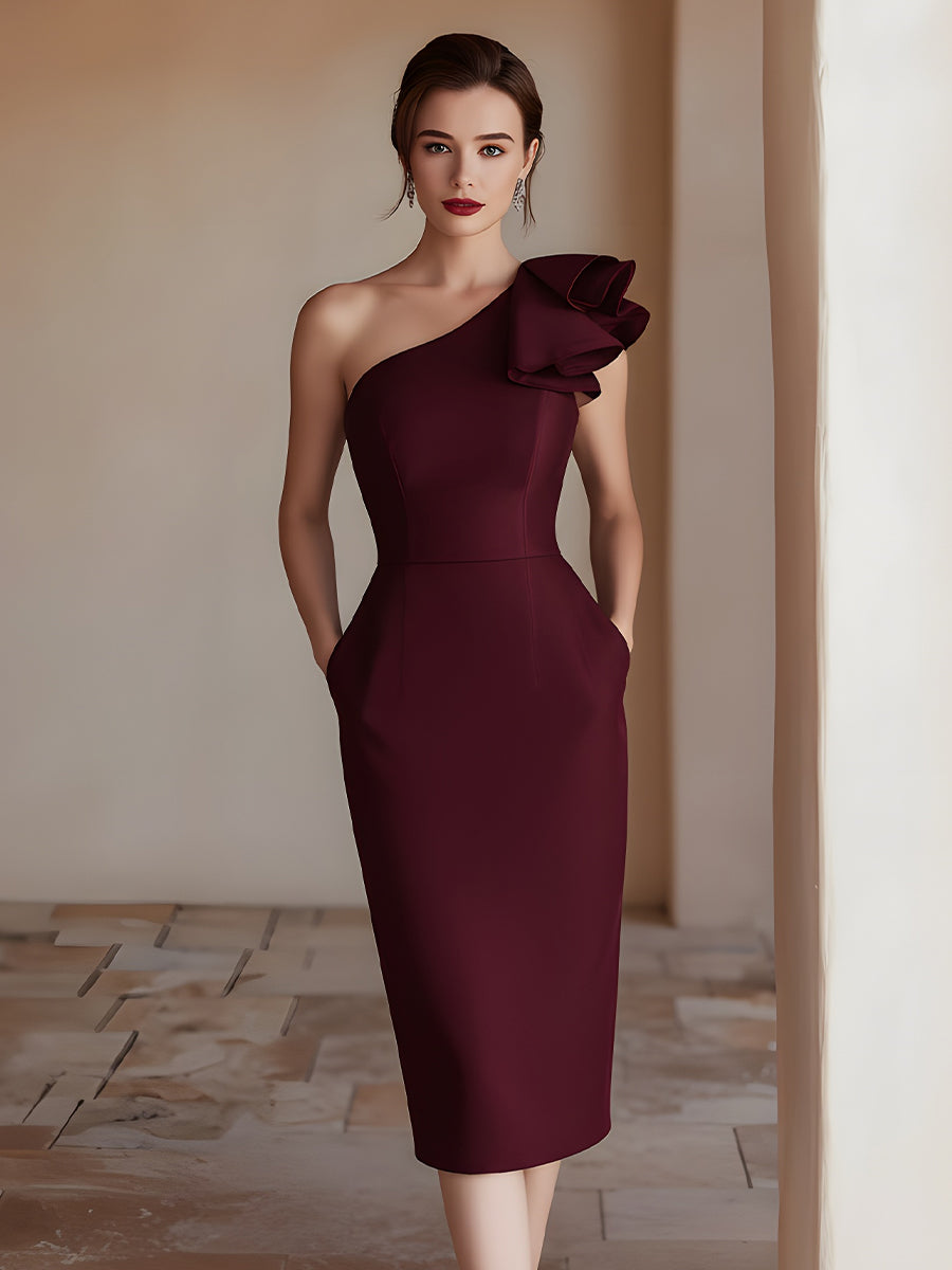 One-Shoulder Sculpted Midi Dress With Floral Detail