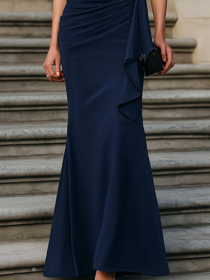 Navy One-Shoulder Ruffled Mermaid Gown