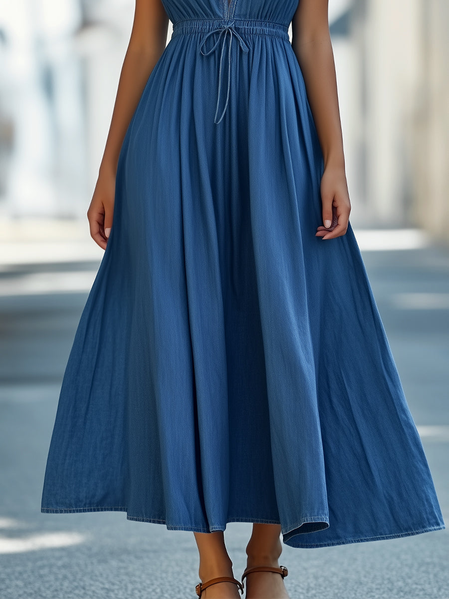 Denim Blue Deep V-Neck Summer Maxi Dress Wedding Guest Dresses