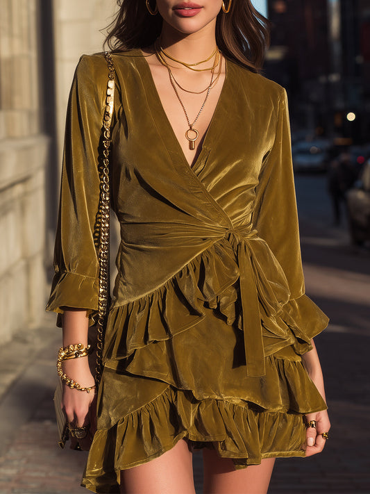 Olive Green Velvet Ruffle Dress