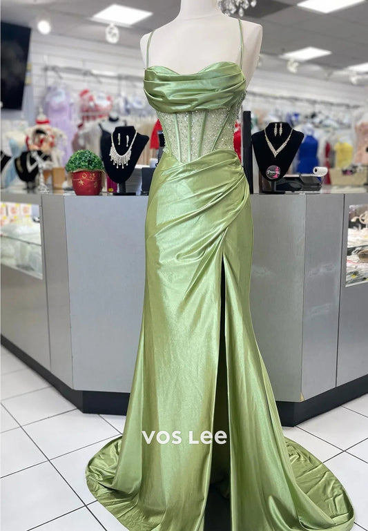 Glamorous & Dramatic Spaghetti Straps Illusion Sequins Mermaid Prom Dresseswith High Split