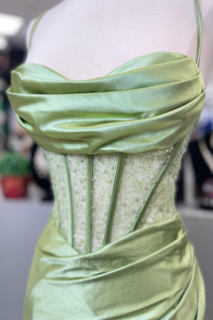 Hot Mermaid Spaghetti Straps Green Long Prom Dress with Criss Cross Back