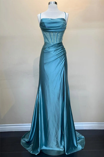 Hot Mermaid Spaghetti Straps Green Long Prom Dress with Criss Cross Back