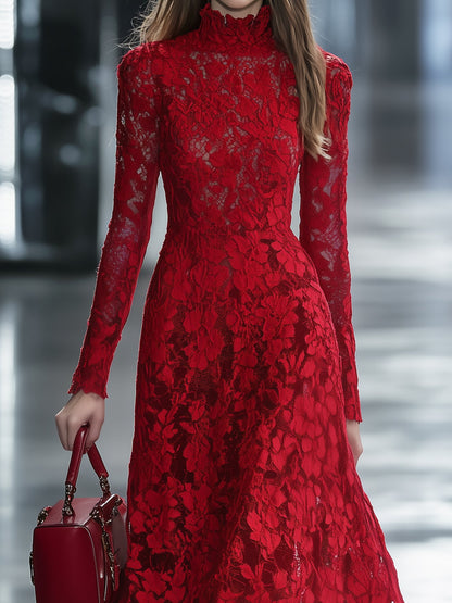 Elegant Red Floral Lace Dress