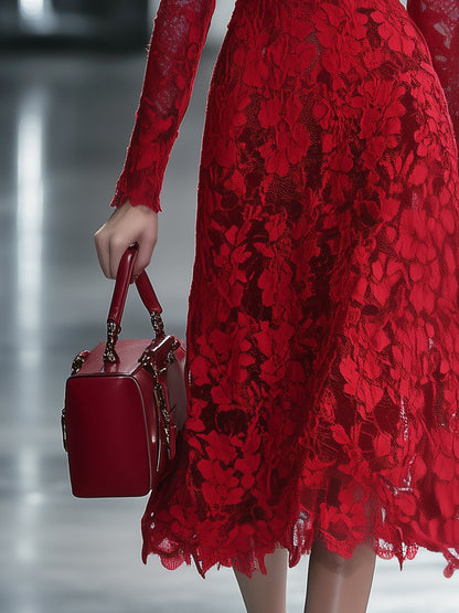 Elegant Red Floral Lace Dress