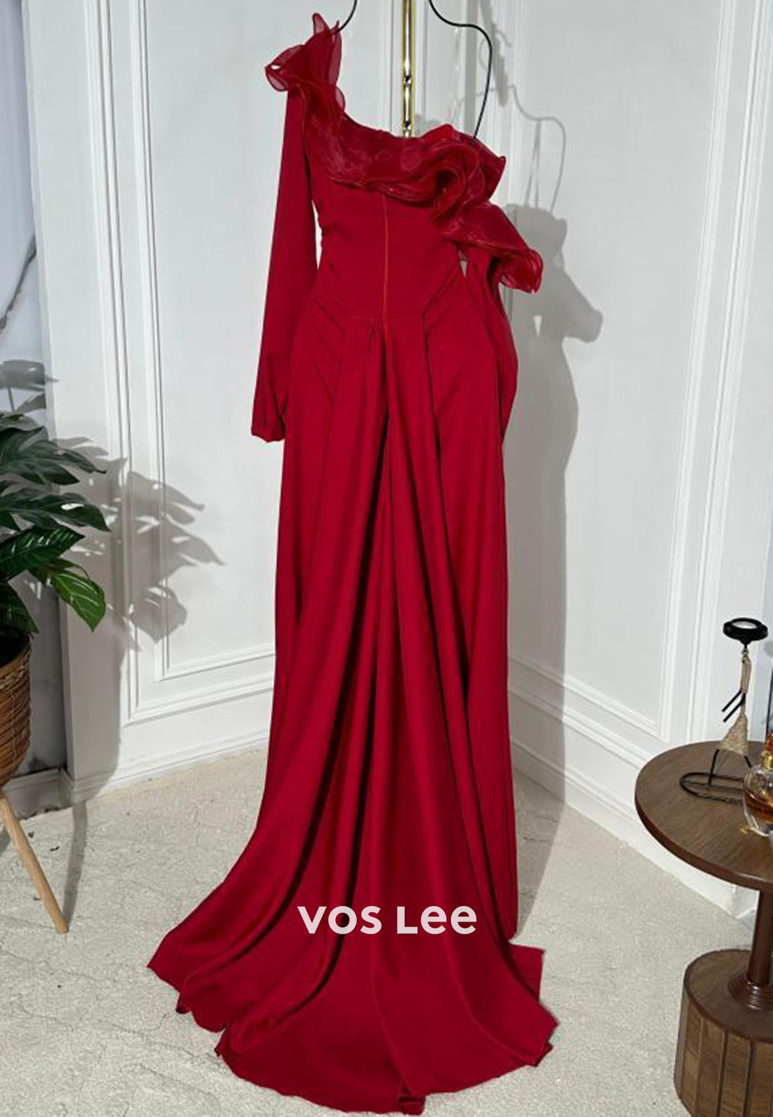 Long Sleeve One Shoulder Ruched Mermaid Evening Dresses with Sweep Train