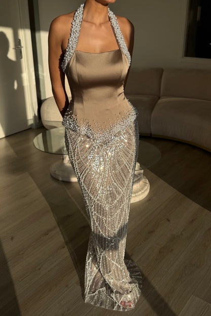 Halter Neck Backless Sequin Tassel Mermaid Evening Gown