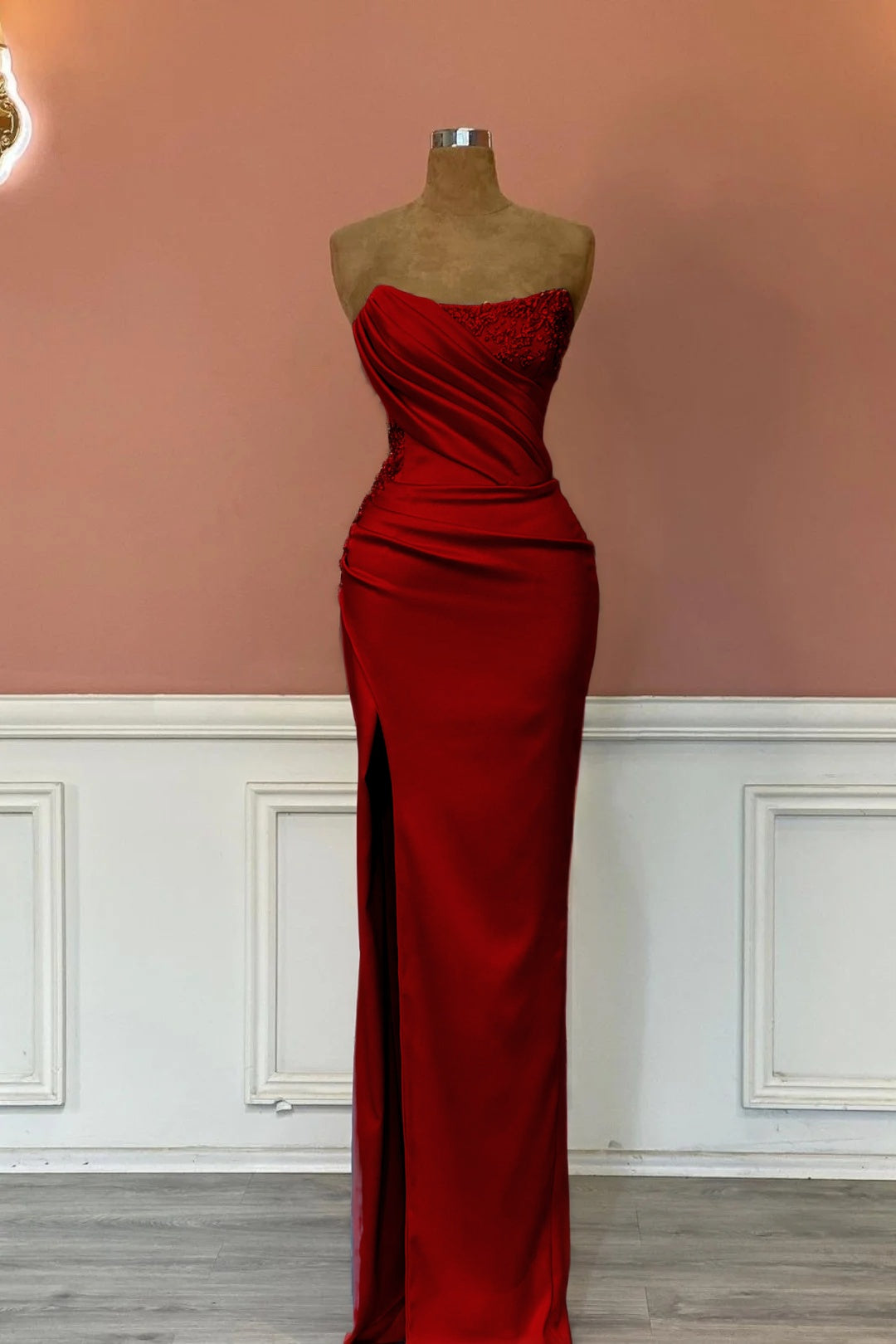 Satin Strapless Sleeveless Long Pleated Mermaid Prom Dress With Rhinstone And High Split