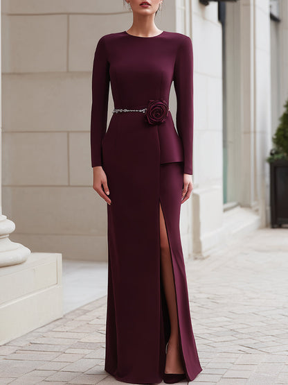 Burgundy Evening Gown With Rose Accent And Chain Belt