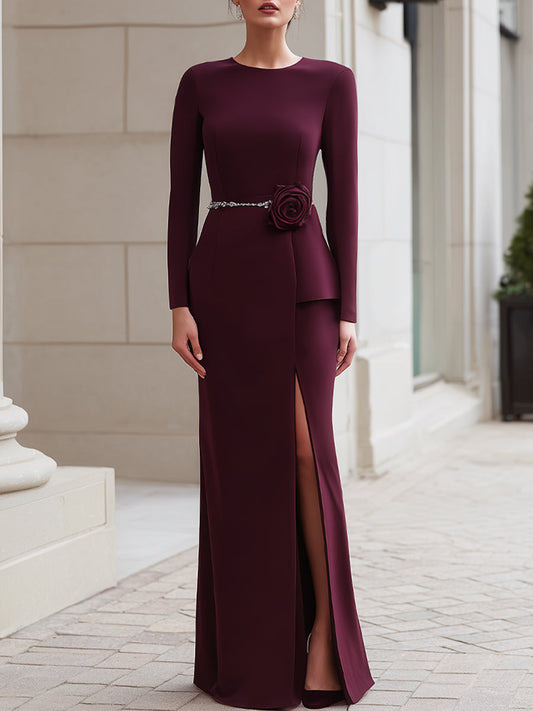 Burgundy Evening Gown With Rose Accent And Chain Belt