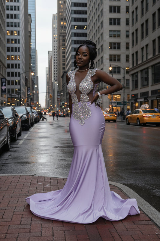 Sexy Purple Mermaid Sleeveless Prom Dress with Crystal