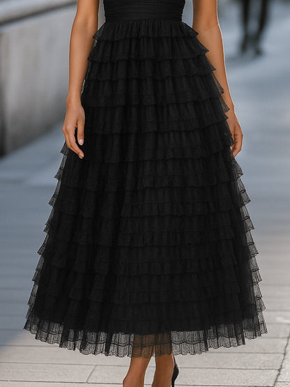 Strapless Tiered Tulle Maxi Dress Wedding Guest Dresses
