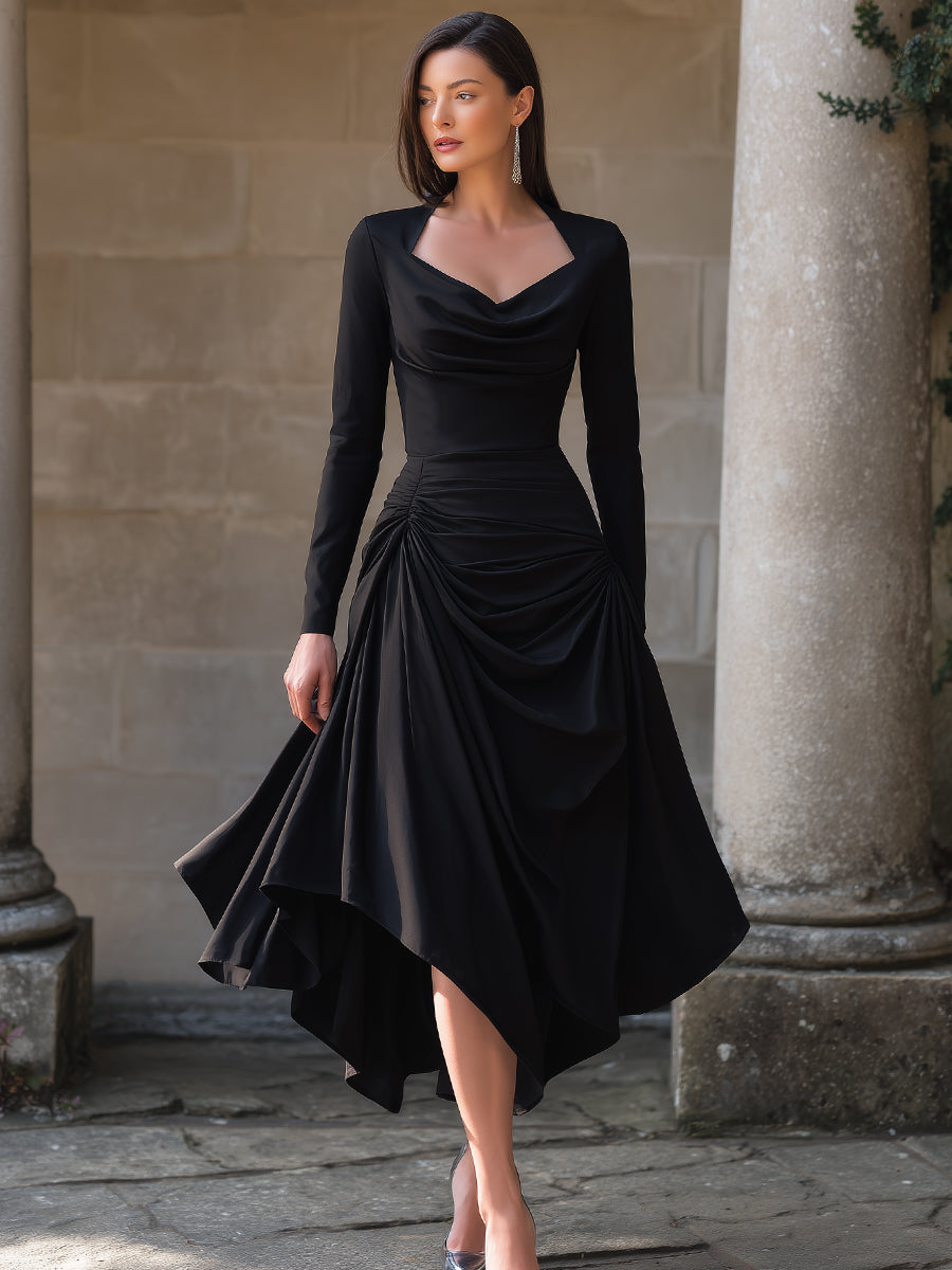 Draped Asymmetric Midi Dress With Sculpted Waist