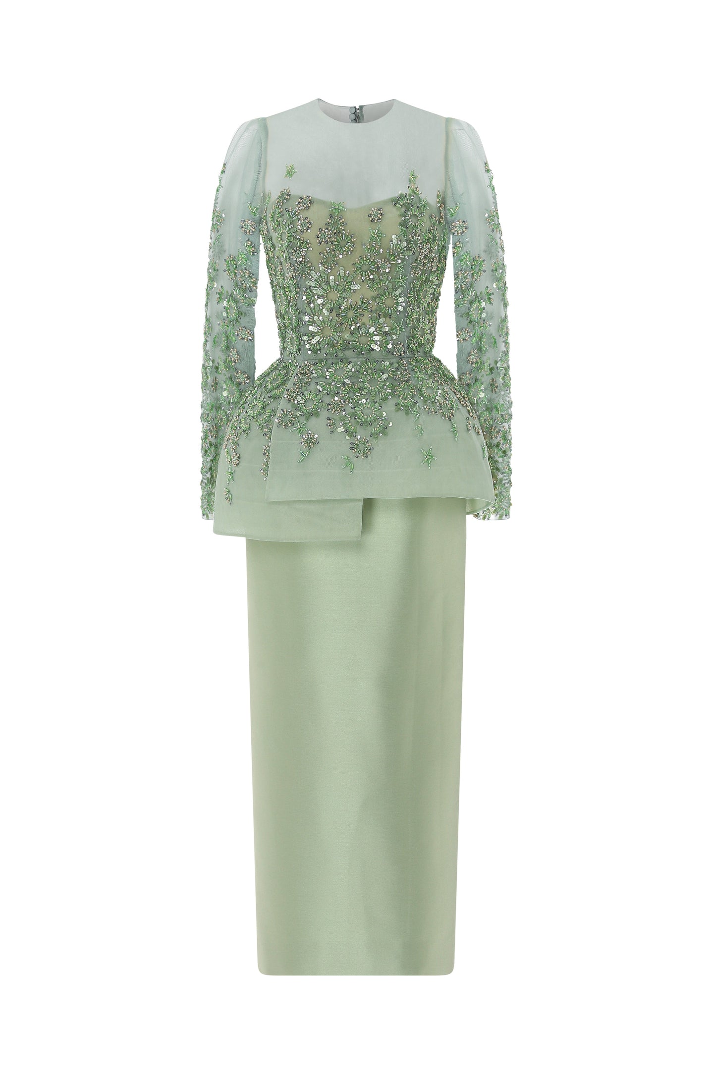 Fully Beaded Tea-Length Tubino With Illusion Neckline And Peplum.